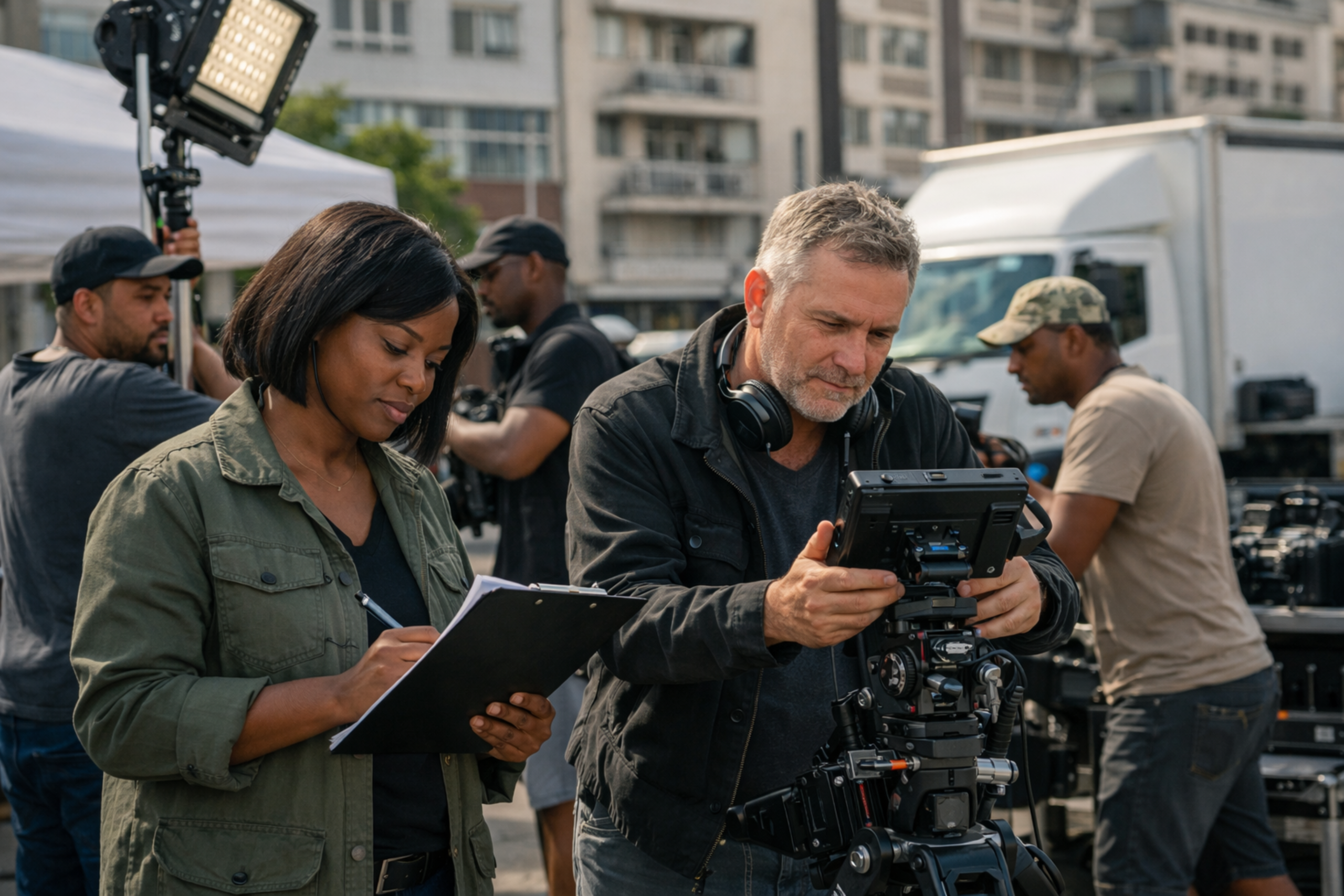 South African film production crew reviewing camera footage and production notes on location