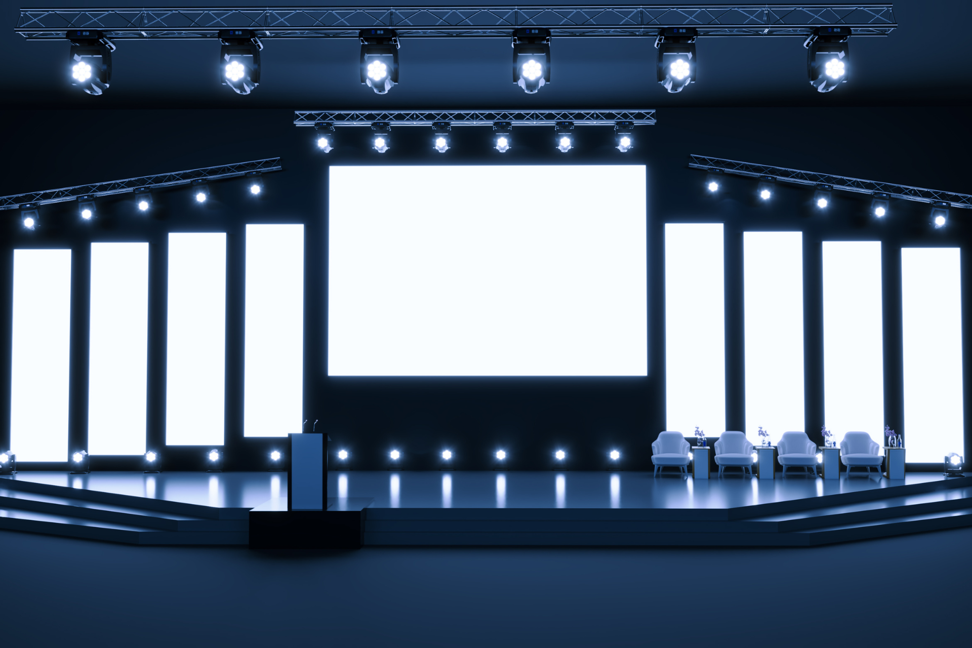 Technology-led event stage with LED screens, lighting rigs and specialist equipment for next-generation events.